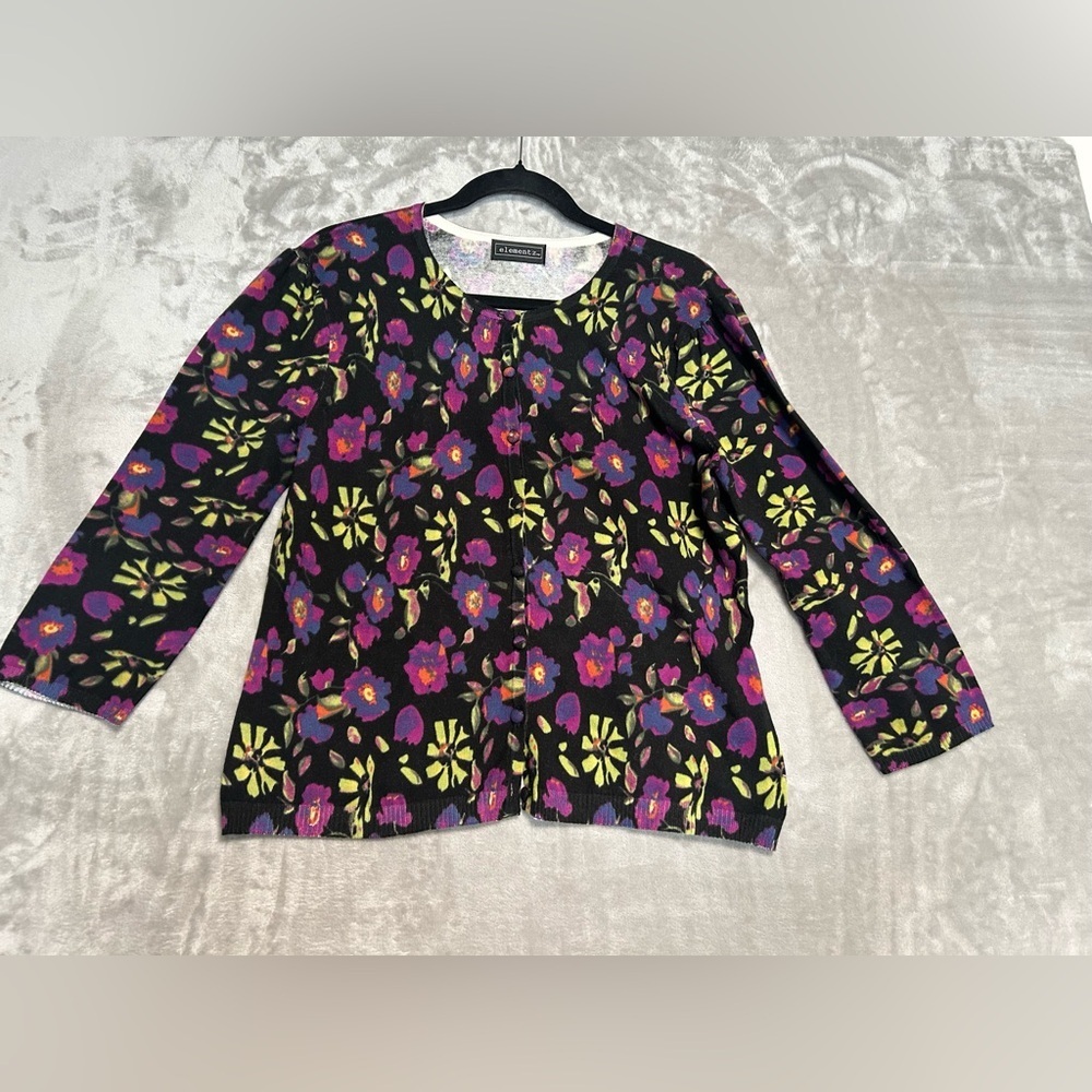 Elementz Cardigan Sweater Women’s Medium Purple Floral Grandma Librarian